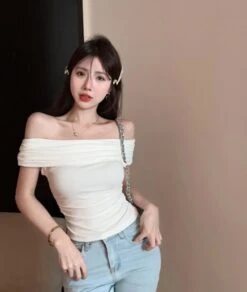 White Ruched Off-Shoulders Top | Karina - Aespa -Amped Apparel White Ruched Off Shoulders Top Karina Aespa 8 600x709 1