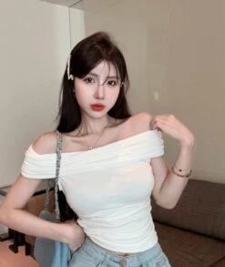 White Ruched Off-Shoulders Top | Karina - Aespa -Amped Apparel White Ruched Off Shoulders Top Karina Aespa 9 600x711 1