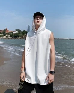 White Sleeveless Vest Hoodie | Dino - Seventeen -Amped Apparel White Sleeveless Vest Hoodie Dino Seventeen 1