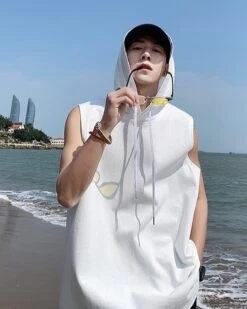 White Sleeveless Vest Hoodie | Dino - Seventeen -Amped Apparel White Sleeveless Vest Hoodie Dino Seventeen 5