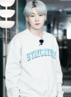 White "Staycation" Sweatshirt | Suga - BTS -Amped Apparel White Staycation Sweatshirt Suga BTS 6