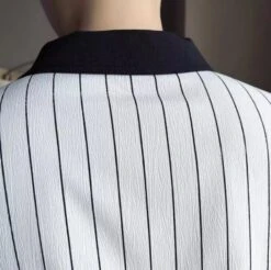 White Stripes Polo Shirt With Black Collar | Jeongin - Stray Kids -Amped Apparel White Stripes Polo Shirt With Black Collar Jeongin Stray Kids 4 600x598 1