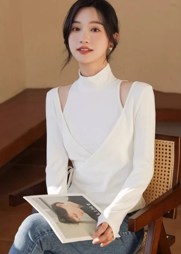 White Two-Piece Illusion Mock Neck Wrap Top | Wonyoung - IVE 5 White Two-Piece Illusion Mock Neck Wrap Top | Wonyoung - IVE - Image 3