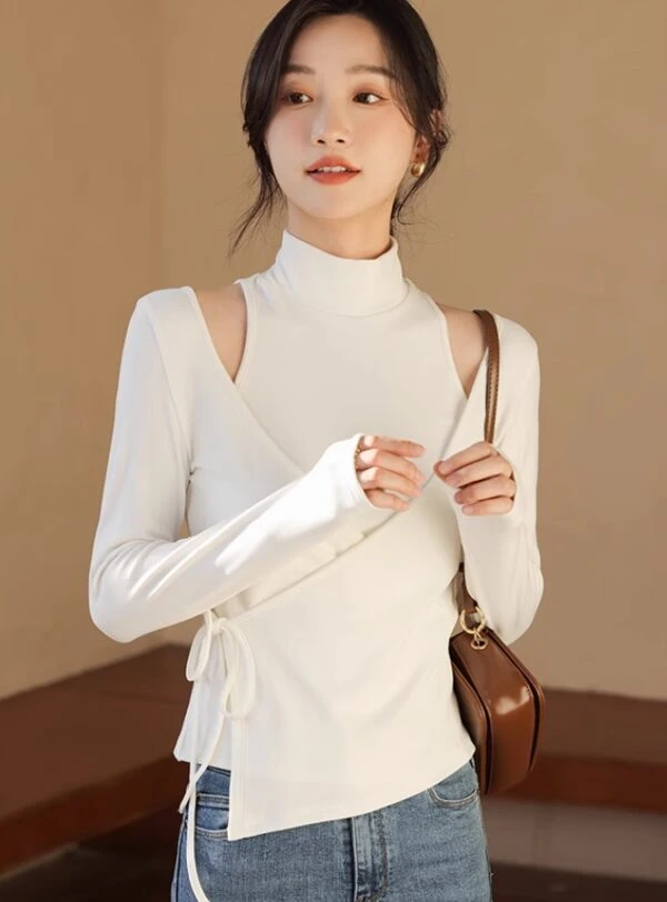 White Two-Piece Illusion Mock Neck Wrap Top | Wonyoung - IVE 3 White Two-Piece Illusion Mock Neck Wrap Top | Wonyoung - IVE