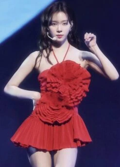 Red Flower Embellished Ruffled Dress | Winter - Aespa -Amped Apparel Winter Aespa Red Flower Embellished Ruffled Dress 1 600x836 1