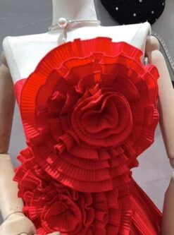 Red Flower Embellished Ruffled Dress | Winter - Aespa -Amped Apparel Winter Aespa Red Flower Embellished Ruffled Dress 4