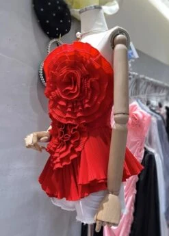 Red Flower Embellished Ruffled Dress | Winter - Aespa -Amped Apparel Winter Aespa Red Flower Embellished Ruffled Dress 5