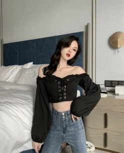 Black Off-Shoulder Lace Up Top | Wonyoung - IVE -Amped Apparel Wonyoung IVE Black Off Shoulder Lace Up Top 10 600x744 1