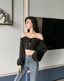 Black Off-Shoulder Lace Up Top | Wonyoung - IVE -Amped Apparel Wonyoung IVE Black Off Shoulder Lace Up Top 11 600x761 1