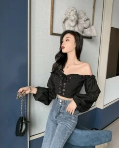 Black Off-Shoulder Lace Up Top | Wonyoung - IVE -Amped Apparel Wonyoung IVE Black Off Shoulder Lace Up Top 12 600x741 1