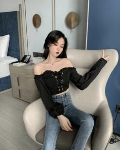 Black Off-Shoulder Lace Up Top | Wonyoung - IVE -Amped Apparel Wonyoung IVE Black Off Shoulder Lace Up Top 14 600x750 1