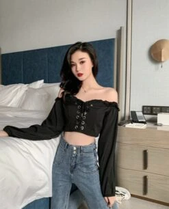Black Off-Shoulder Lace Up Top | Wonyoung - IVE -Amped Apparel Wonyoung IVE Black Off Shoulder Lace Up Top 15 600x743 1