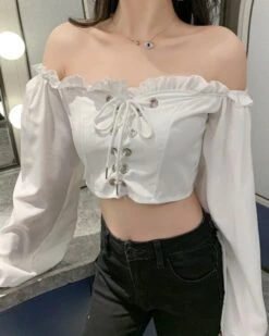 Black Off-Shoulder Lace Up Top | Wonyoung - IVE -Amped Apparel Wonyoung IVE Black Off Shoulder Lace Up Top 16 600x750 1