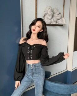 Black Off-Shoulder Lace Up Top | Wonyoung - IVE -Amped Apparel Wonyoung IVE Black Off Shoulder Lace Up Top 3 600x750 1