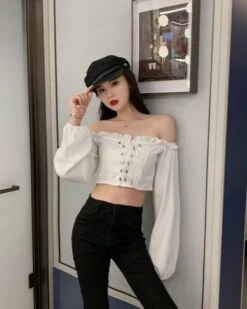 Black Off-Shoulder Lace Up Top | Wonyoung - IVE -Amped Apparel Wonyoung IVE Black Off Shoulder Lace Up Top 4 600x750 1