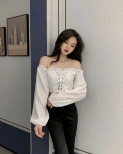 Black Off-Shoulder Lace Up Top | Wonyoung - IVE -Amped Apparel Wonyoung IVE Black Off Shoulder Lace Up Top 7 600x749 1
