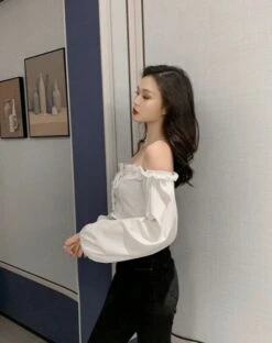 Black Off-Shoulder Lace Up Top | Wonyoung - IVE -Amped Apparel Wonyoung IVE Black Off Shoulder Lace Up Top 8 600x758 1