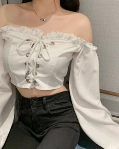 Black Off-Shoulder Lace Up Top | Wonyoung - IVE -Amped Apparel Wonyoung IVE Black Off Shoulder Lace Up Top 9 600x750 1