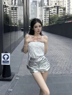 Silver Grey Mini Shorts | Wonyoung - IVE -Amped Apparel Wonyoung IVE Silver Grey Mini Shorts 6 600x790 1