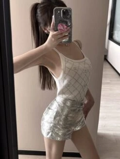 Silver Grey Mini Shorts | Wonyoung - IVE -Amped Apparel Wonyoung IVE Silver Grey Mini Shorts 8 600x798 1