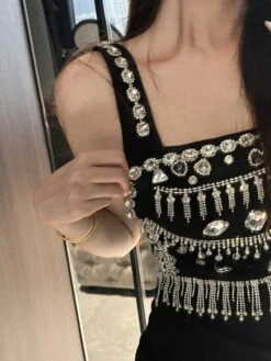 Rhinestone Bejeweled Black Dress | Wonyoung - IVE -Amped Apparel Wonyoung Rhinestone Bejeweled Black Dress and Hat 2 600x800 1