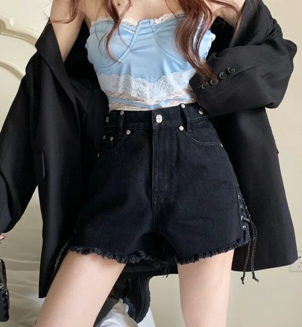 Black Cross Patched Denim Shorts | Yeji - ITZY 4 Black Cross Patched Denim Shorts | Yeji - ITZY - Image 2