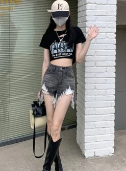 Grey Ripped Denim Shorts | Yeji - ITZY -Amped Apparel Yeji ITZY Grey Ripped Denim Shorts 3