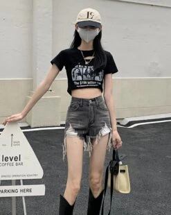 Grey Ripped Denim Shorts | Yeji - ITZY -Amped Apparel Yeji ITZY Grey Ripped Denim Shorts 4