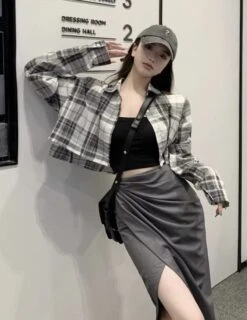 Grey Plaid Cropped Shirt | Yeji - ITZY -Amped Apparel Yeji ITZY Plaid Cropped Shirt 1