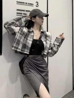 Grey Plaid Cropped Shirt | Yeji - ITZY -Amped Apparel Yeji ITZY Plaid Cropped Shirt 3