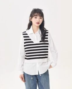 White Fake Two-Piece Striped Vest And Shirt | Yeji - ITZY -Amped Apparel Yeji ITZY White Fake Two Piece Striped Vest And Shirt 3 600x743 1