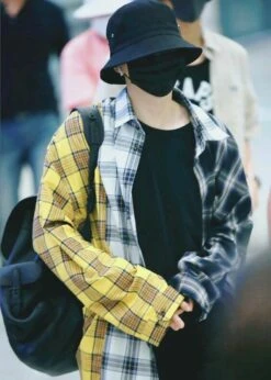 Multicolored Triple Plaid Pattern Shirt | Suga - BTS -Amped Apparel Yellow White Black Checkered Shirt Suga Airport Fashion 1 e1643772642467