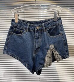 Blue Rhinestone Embellished Denim Shorts | Yuna - ITZY -Amped Apparel Yuna ITZY Blue Rhinestone Embellished Denim Shorts 3 600x669 1