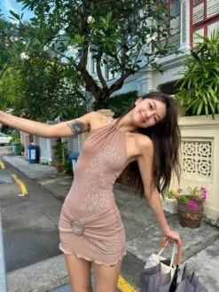 Beige Halter Neck Floral Print Dress | Yuqi - (G)I-DLE -Amped Apparel Yuqi GI DLE Beige Halter Neck Floral Print Dress 2 600x800 1