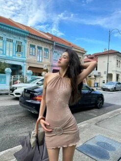 Beige Halter Neck Floral Print Dress | Yuqi - (G)I-DLE