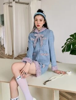 Blue Bowknot Woolen Skirt | Yuqi - (G)I-DLE -Amped Apparel Yuqi GI DLE Blue Bowknot Woolen Skirt 18 600x785 1