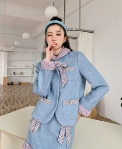 Blue Bowknot Woolen Skirt | Yuqi - (G)I-DLE -Amped Apparel Yuqi GI DLE Blue Bowknot Woolen Skirt 20 600x732 1