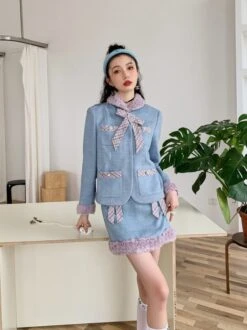 Blue Bowknot Woolen Skirt | Yuqi - (G)I-DLE -Amped Apparel Yuqi GI DLE Blue Bowknot Woolen Skirt 6 600x802 1