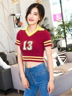 Red Cropped Collared Polo Shirt | Seulgi - Red Velvet